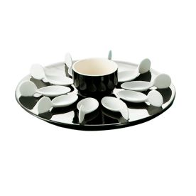 Black/White Bowl 7oz & 10 Tasting Spoons W/ Round Black Tray [Spoon 4" I Tray 12 1/4" I Bowl 3 1/2"]