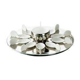 Silver Bowl 7oz & 10 Tasting Spoons W/ Round Silver Tray [Spoon 4" I Tray 12 1/4" I Bowl 3 1/2"]