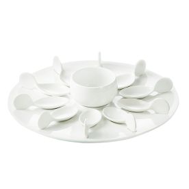 White Bowl 7oz & 10 Tasting Spoons W/ Round White Tray [Spoon 4" I Tray 12 1/4" I Bowl 3 1/2"]
