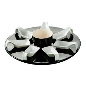 Black/White Bowl 7oz & 7 Square Spoons 0.5ozx7 W/ Round Black Tray [Spoon 3 3/4" I Tray 12 3/4" I Bowl 3 1/2"]