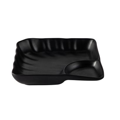 Plate Square W/ Triangular Compartment Matte Black 4oz/0.5oz 7"