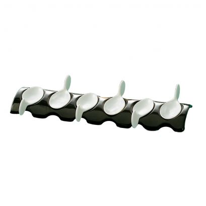 6 Tasting Spoons W/ Black Rect. Tray [Spoon 4" I Tray 12 1/2"]