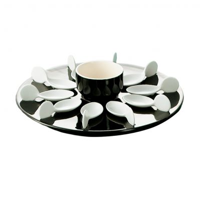 Black/White Bowl 7oz & 10 Tasting Spoons W/ Round Black Tray [Spoon 4" I Tray 12 1/4" I Bowl 3 1/2"]