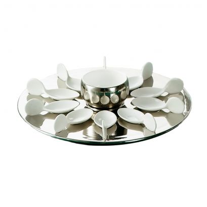 Silver Bowl 7oz & 10 Tasting Spoons W/ Round Silver Tray [Spoon 4" I Tray 12 1/4" I Bowl 3 1/2"]