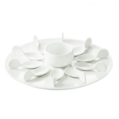 White Bowl 7oz & 10 Tasting Spoons W/ Round White Tray [Spoon 4" I Tray 12 1/4" I Bowl 3 1/2"]