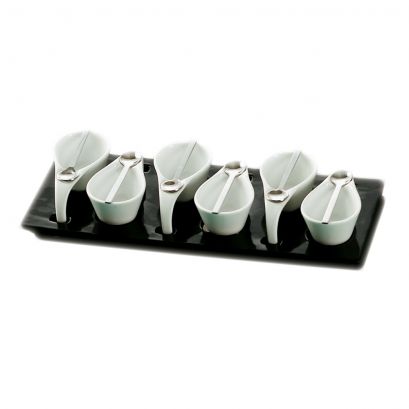 6 Cups 2ozx6 & 6 Spoons W/ Black Rect. Tray [Cup 4 1/2" I Tray 14 1/2"]