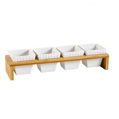 4 Square Bowls 7ozx4 W/ Rect. Bamboo Stand [Bowl 3 1/2" I Stand 15 3/4"]